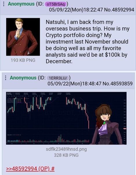 Anonymous No.48592994 Natsuhi, back from my overseas business trip. How is my Crypto portfolio doing? My investment last November should be doing well as all my favorite analysts said we'd be at 193 P