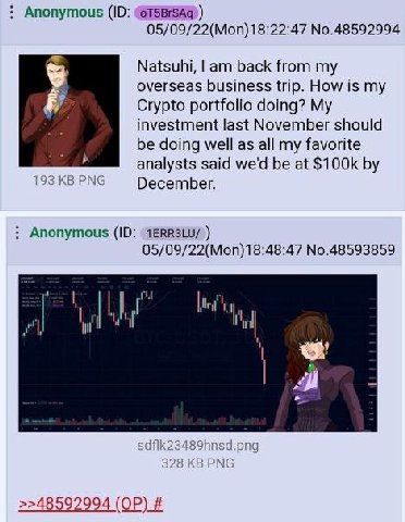 Anonymous No.48592994 Natsuhi, back from my overseas business trip. How is my Crypto portfolio doing? My investment last November should be doing well as all my favorite analysts said we'd be at 193 P
