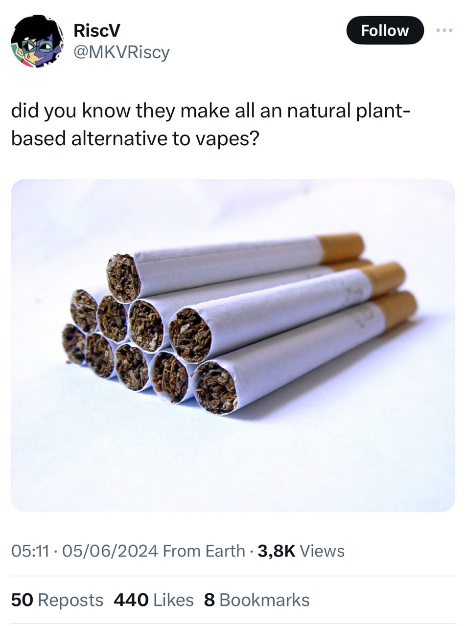 @MKVRiscy did you know they make all an natural plant- based alternative to vapes? 05:11 05/06/2024 From Earth 3,8К Views 50 Reposts 440 Likes 8 Bookmarks