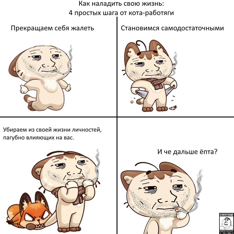 Как наладить свою жизнь: 4 простых шага от кота-работяги Прекращаем себя жалеть Становимся самодостаточными Убираем из своей жизни личностей, пагубно влияющих на вас. И че дальше énta? 4
