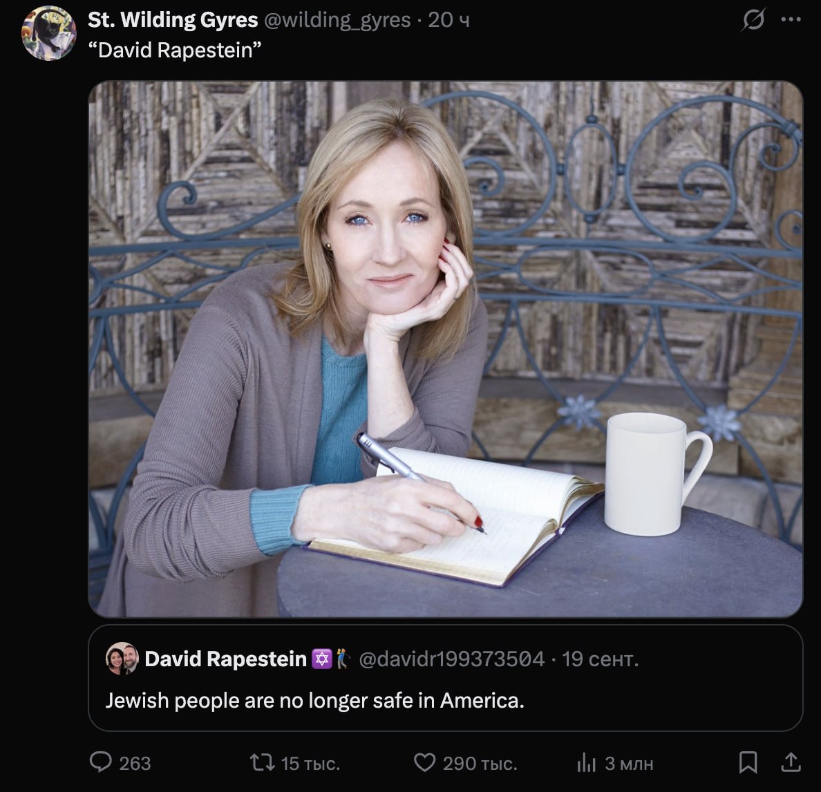 Я Wilding Gyres @wilding_gyres 20 “David Rapestein” Pal 3% 2 А #1 1 a у A David Rapestein @davidri99373504 19 сент. Jewish people are no longer safe in America. 263 15 тыс. 290 тыс. tht 3 млн A