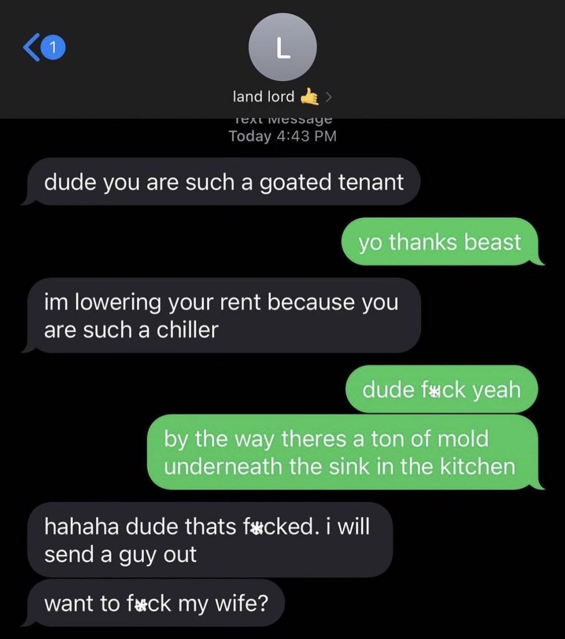 1 land lord dude you are such a goated tenant thanks beast lowering your rent because you are such a chiller dude yeah the way theres a ton of mold underneath the sink in the kitchen hahaha dude thats