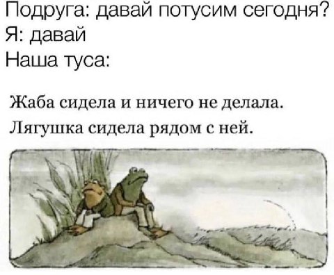 Подруга: давай потусим сегодня? Я: давай Наша туса: Жаба сидела и ничего не делала. Лягушка сидела рядом с ней. 3 We