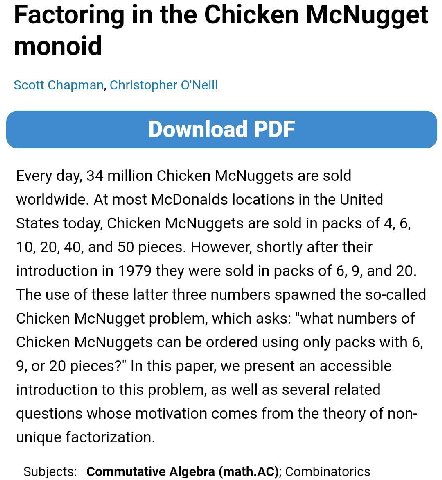 Factoring the Chicken McNugget monoid Scott Chapman, Christopher O'Neill Download PDF Every day, 34 million Chicken McNuggets are sold worldwide. At most McDonalds locations in the United States today