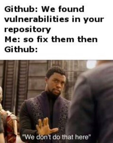 Github: We found vulnerabilities in your repository Me: so fix them then Github: "We don't that here