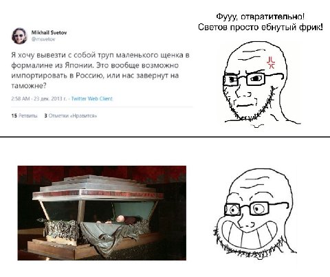 Фууу, отвратительно! Mikhail Svetov Светов просто ебнутый фрик! Я хочу вывезти с собой труп маленького щенка в формалине из Японии. Это вообще возможно импортировать в Россию, или нас завернут на тамо