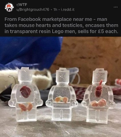u/Brightgrouch476 i.redd.it From Facebook marketplace near me man takes mouse hearts and testicles, encases them in transparent resin Lego men, sells for £5 each. a