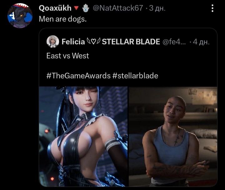 Qoaxiikh у @NatAttack67 -3 а Мепаге dogs. Felicia STELLAR BLADE East West #TheGameAwards #stellarblade а 4 4 aN