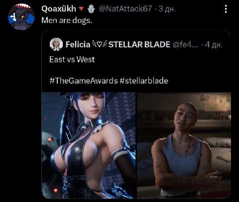 Qoaxiikh у @NatAttack67 -3 а Мепаге dogs. Felicia STELLAR BLADE East West #TheGameAwards #stellarblade а 4 4 aN