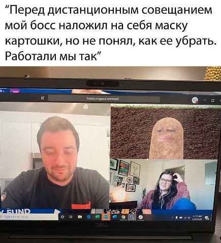 "Перед дистанционным совещанием мой босс наложил на себя маску картошки, но не понял, как ее убрать Работали мы так” Search or type а command a 5 он