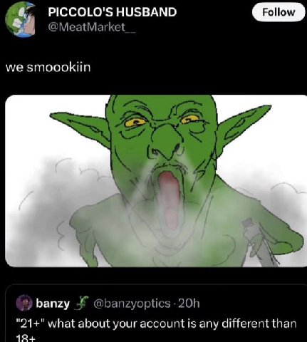PICCOLO'S HUSBAND @MeatMarket__ we smoookiin SSA i 1 Я 4 2) Бапгу @banzyoptics "21+" what about your account is any different than