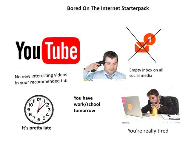 Bored On The Internet Starterpack Empty inbox on all No new interesting videos social media in your recommended tab You have he 10 work/school tomorrow 765 It's pretty late You're really tired