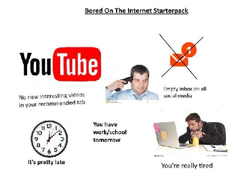 Bored On The Internet Starterpack Empty inbox on all No new interesting videos social media in your recommended tab You have he 10 work/school tomorrow 765 It's pretty late You're really tired