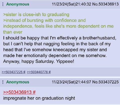 Anonymous 11/23/24(Sat)21:40:32 No.503436913 >sister is close-ish to graduating >instead of bursting with confidence and independence, feels like she's more dependent on me than ever should be happy t