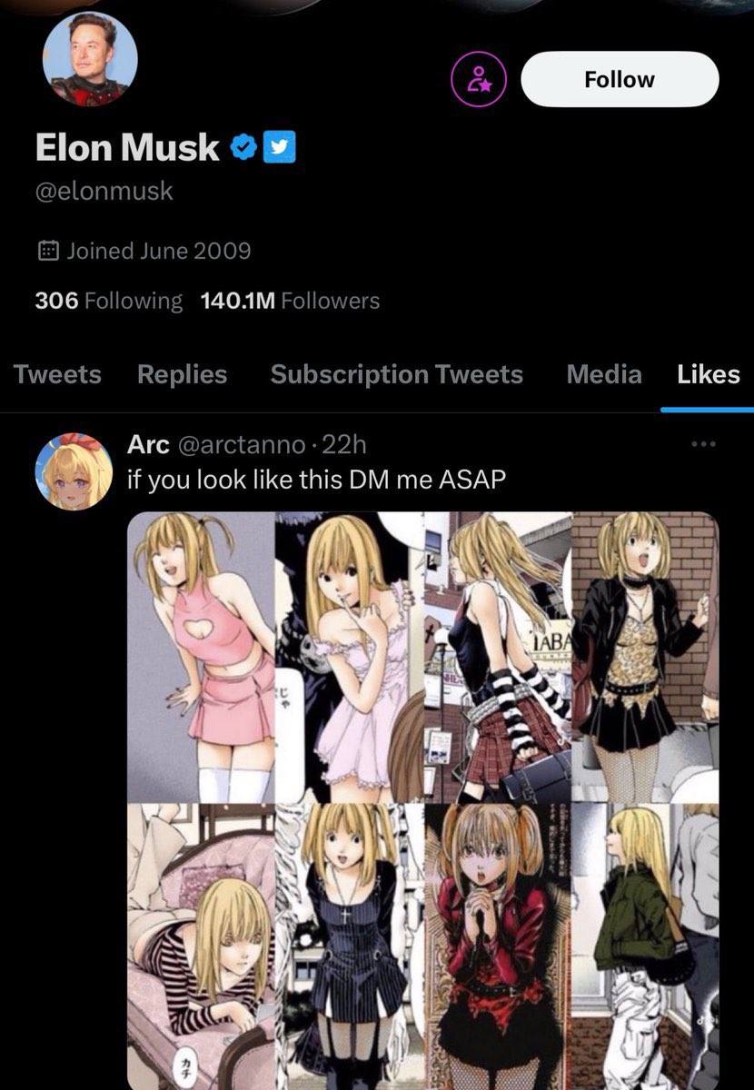 a» Elon Musk @elonmusk Joined June 2009 306 Following Followers Tweets Media Likes Replies Subscription Tweets Arc @arctanno 228 if you look like this 3 of 4