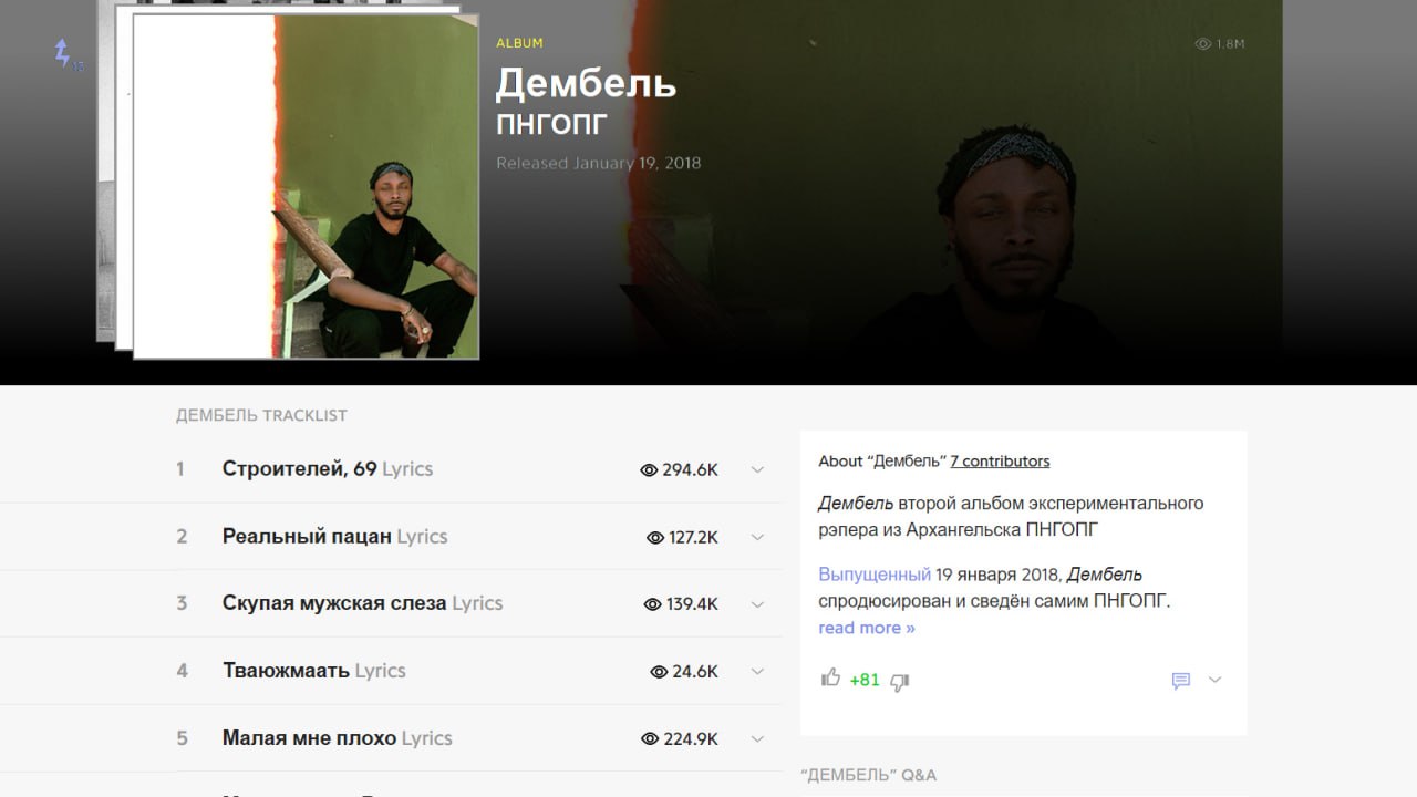 ALBUM Дембель About “Дембель” 7 contributors Строителей, 69 Дембель второй альбом экспериментального рэпера из Архангельска ПНГОПГ Реальный пацан 127.2К 19 января 2018, Дембель Скупая мужская слеза сп