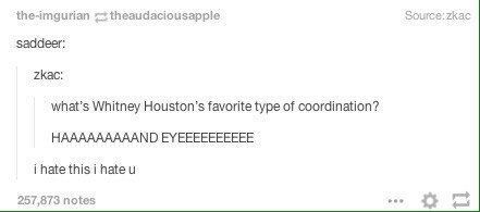 the-imgurian theaudaciousapple saddeer: zkac: what’s Whitney Houston’s favorite type of coordination? HAAAAAAAAAND EYEEEEEEEEEE i hate this i hate 257,873 notes