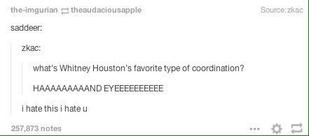 the-imgurian theaudaciousapple saddeer: zkac: what’s Whitney Houston’s favorite type of coordination? HAAAAAAAAAND EYEEEEEEEEEE i hate this i hate 257,873 notes
