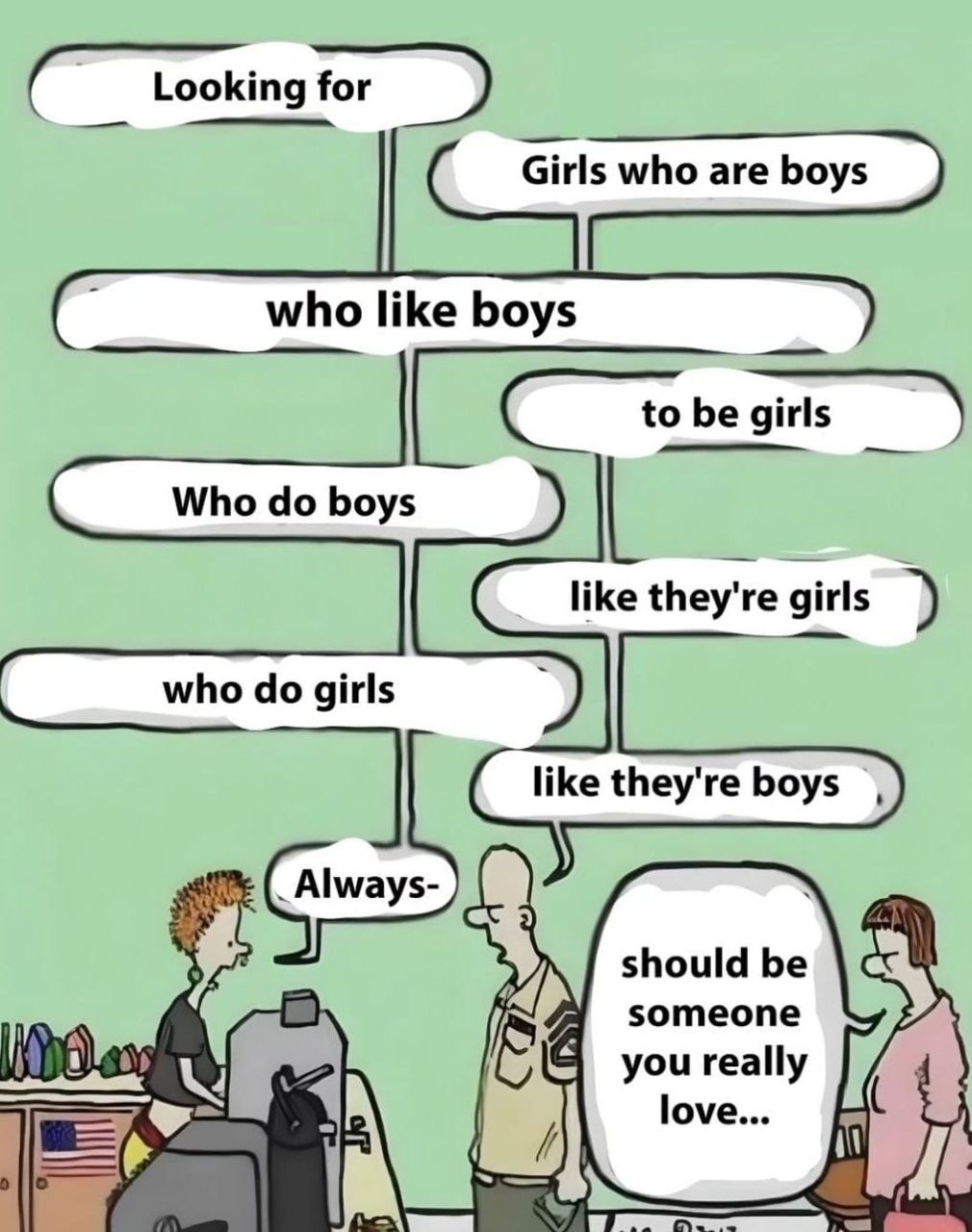 Looking for Girls who are boys who like boys to be girls Who boys like they're girls who girls like they're boys _Always- should be А] someone you really love...