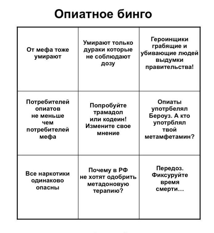Опиатное бинго Героинщики Умирают только грабящие и От мефа тоже дураки которые умирают не соблюдают убивающие людей выдумки дозу правительства! Потребителей Попробуйте Опиаты опиатов употрбелял не ме