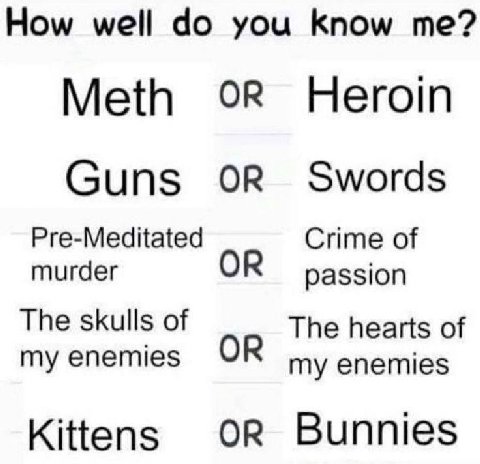 Ном well you Know Meth OR Heroin Guns Swords Pre-Meditated Crime of murder passion The skulls of The hearts of my enemies my enemies Kittens Bunnies