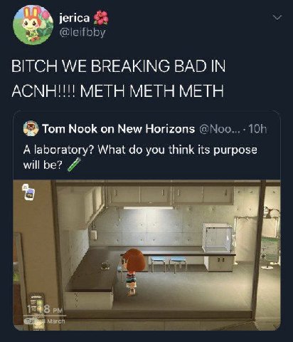 jerica BITCH WE BREAKING BAD IN АСМНИИ METH METH METH Tom Nook on New Horizons A laboratory? What you think its purpose will be?