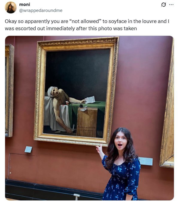 moni @wrappedaroundme Okay so apparently you are “not allowed” to soyface in the louvre and was escorted out immediately after this photo was taken