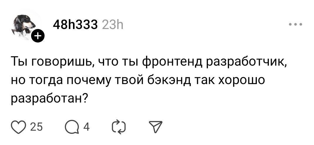 481333 Ты говоришь, что ты фронтенд разработчик, но тогда почему твой бэкэнд так хорошо разработан? 25 У
