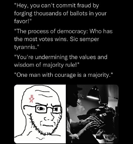 "Hey, you can't commit fraud forging thousands of ballots in your favor!" "The process of democracy: Who has the most votes wins. Sic semper tyrannis." "You're undermining the values and wisdom of maj