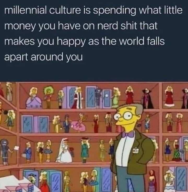 millennial culture is зрепата what little money you have on nerd shit that makes you happy as the world falls apart around you