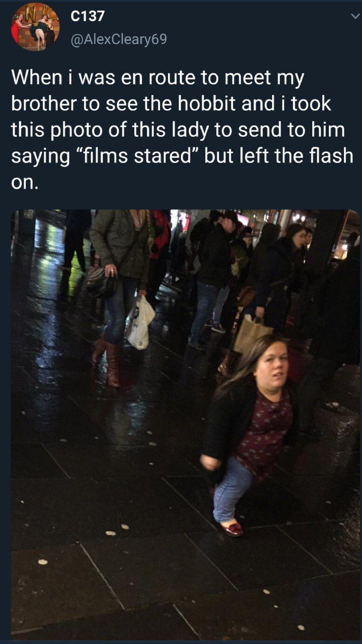 @AlexCleary69 When i was route to meet my brother to see the hobbit and i took this photo of this lady to send to him saying “films stared” but left the flash on. if я Я