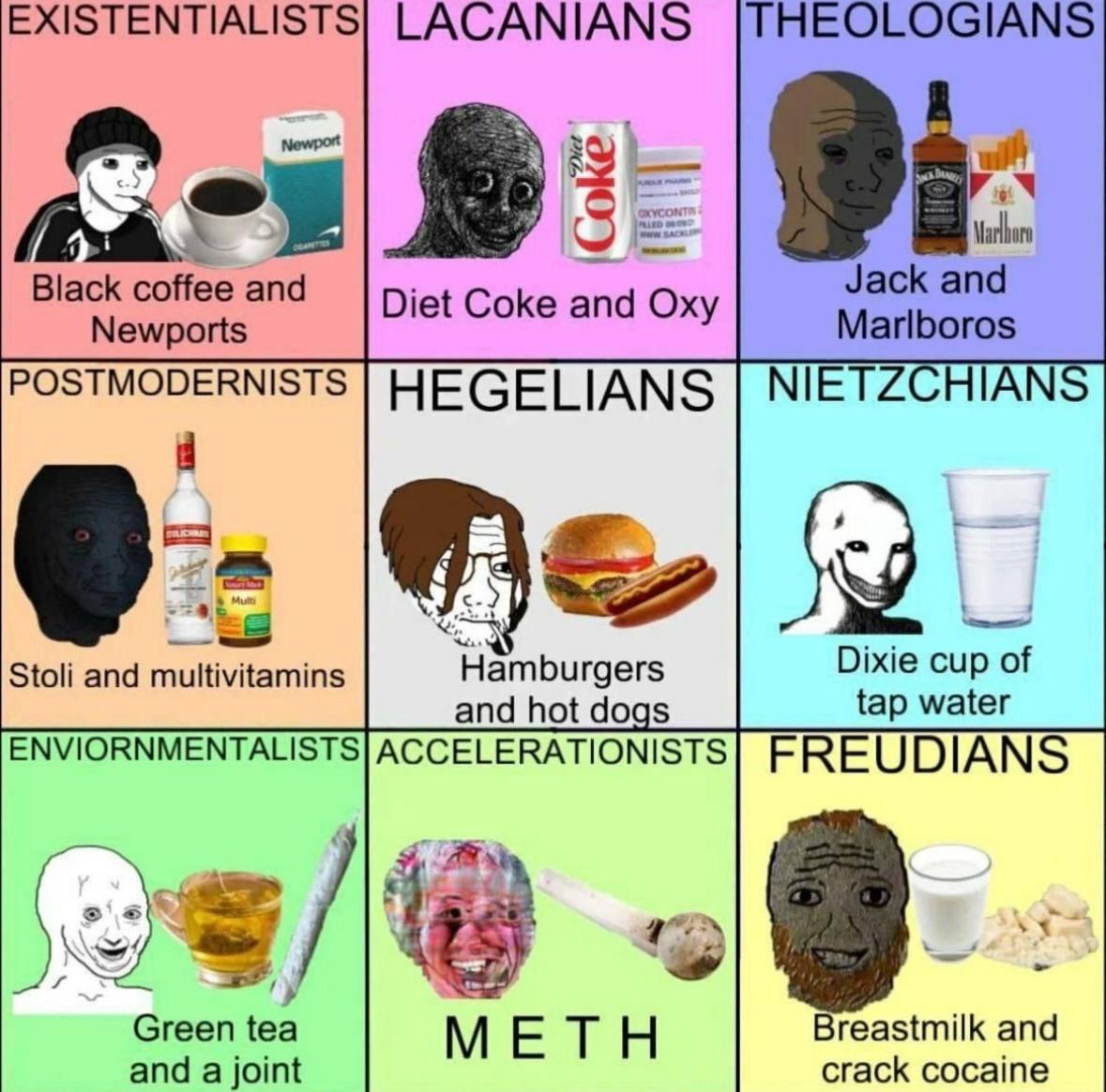 |THEOLOGIANS Black coffee and Jack and Newports Diet Coke and Oxy Marlboros POSTMODERNISTS HEGELIANS NIETZCHIAN Stoli and multivitamins ‘Hamburgers Dixie cup of and hot dogs tap water ЕММОКММЕМТАН$Т$ 