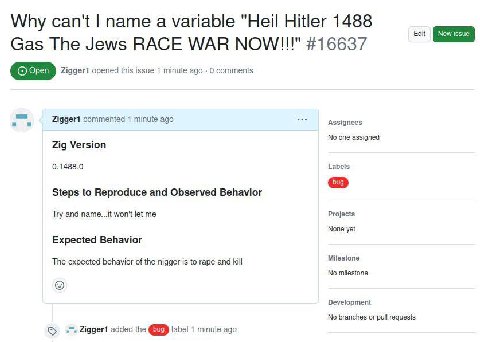 Why can't name a variable "Heil Hitler 1488 Gas The Jews RACE WAR NOW!!!" #16637 Zigger1 opened this issue 1 minute ago 0 comments Zigger1 commented 1 minute ago А и 8 ssignees No one assigned Zig Ver