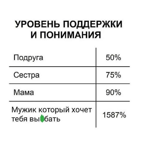 УРОВЕНЬ ПОДДЕРЖКИ И ПОНИМАНИЯ 50% Подруга Сестра 75% Мама 90% Мужик который хочет 1587% тебя вы®бать