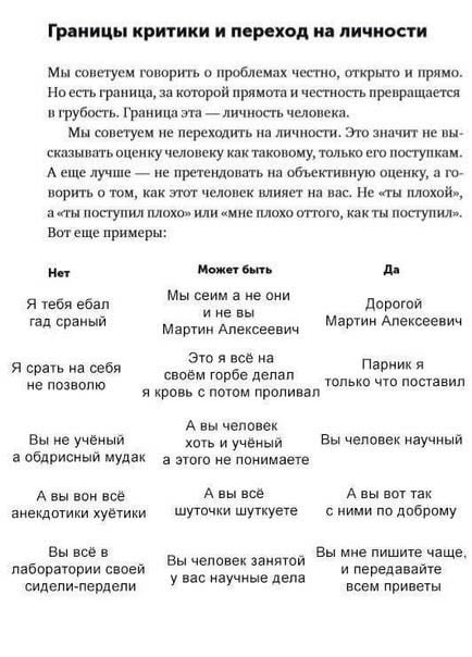 Границы критики и переход на личности Мы советуем говорить о проблемах честно, открыто и прямо. Ноесть граница, за которой прямота и честность превращается в грубость. Граница эта личность человека. М