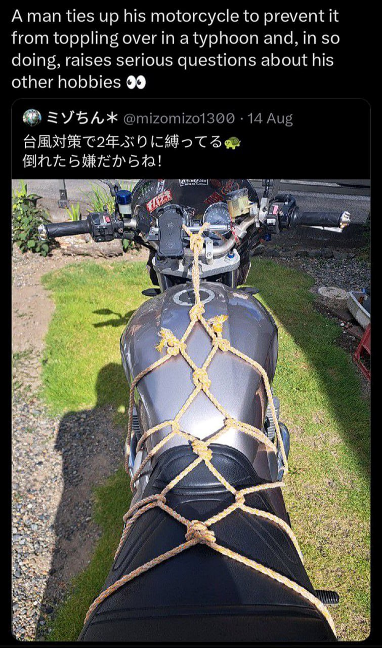 А man ties up his motorcycle to prevent it from toppling over in a typhoon and, in so doing, raises serious questions about his other hobbies 99 ЗУБА, Ж 5 5 с у a I 1 и 4 к С a