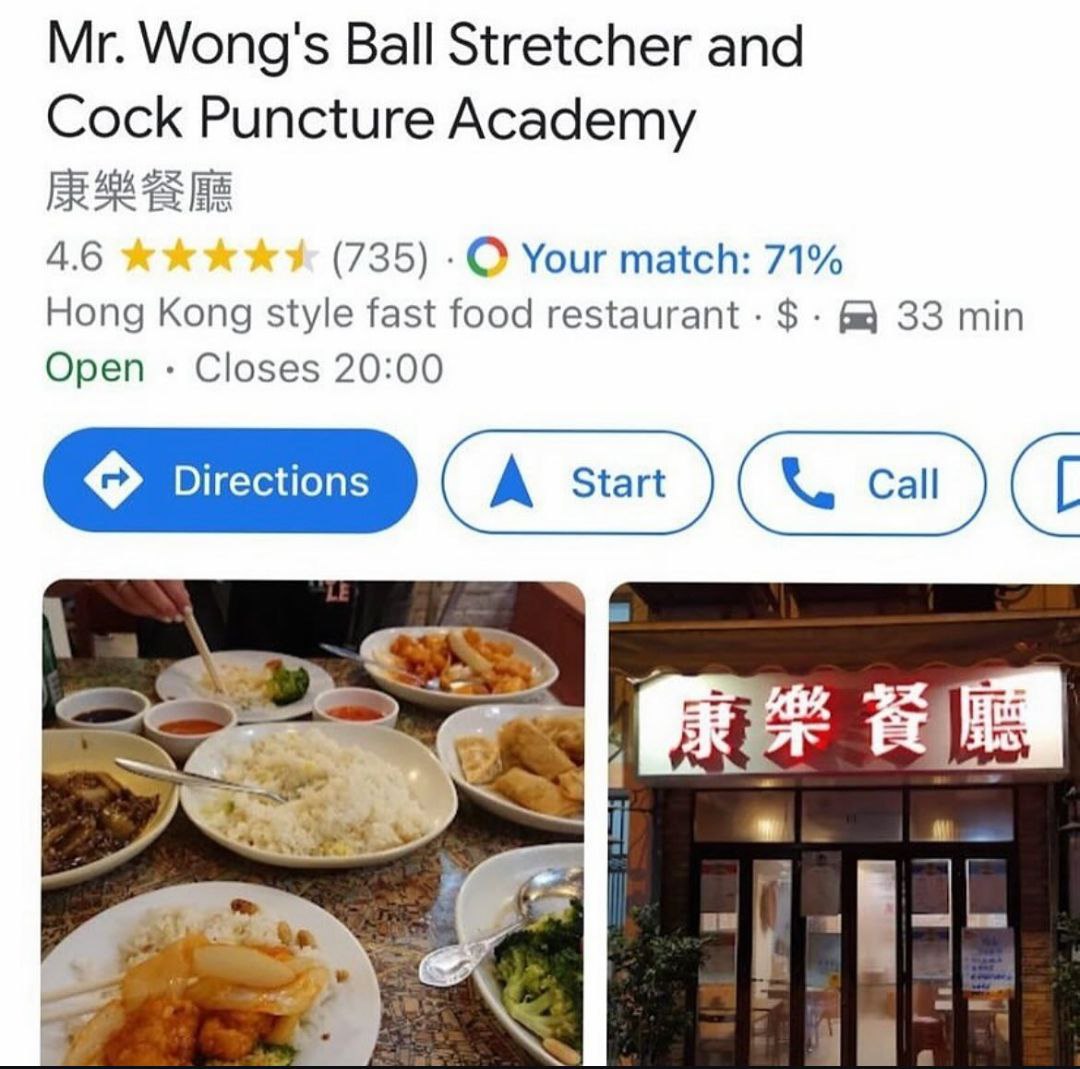 Wong's Ball Stretcher and Cock Puncture Academy 4.6 (735) Your match: 71% Hong Kong style fast food restaurant 33 min Open Closes 20:00 я