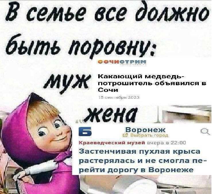 В семье все должно быть поровну Какающий медведь- потрошитель объявился в see 202 ‚жена 1 Краеведческий музей ечера в 22:00 Застенчивая пухлая крыса и не смогла рейти дорогу в Воронеже