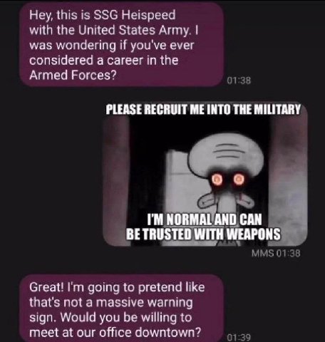 Hey, this is SSG Heispeed with the United States Army. was wondering if you've ever considered a career in the Armed Forces? 01:38 PLEASE RECRUIT ME INTO THE MILITARY NO WITH WEAPONS MMS 01:38 Great! 