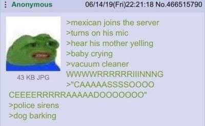Anonymous 06/14/19(Fri)22:21:18 >mexican joins the server on his mic >hear his mother yelling >baby crying cleaner 43 JPG >police sirens >dog barking