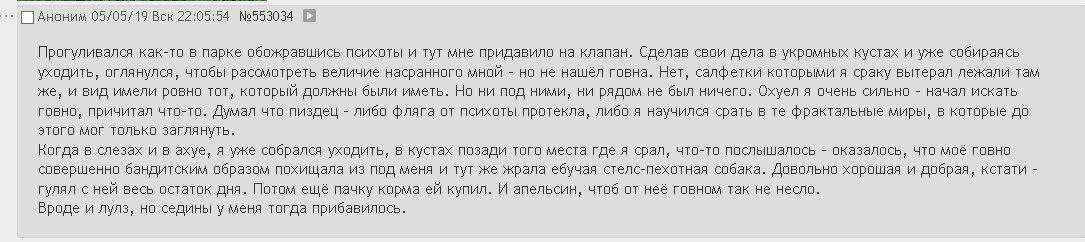05/05/19 Вск 22:05:54 №553034 19 Прогуливался как-то в парке обожравшись психоты и тут мне придавило на клапан. Сделав свои дела в укромных кустах и уже собираясь уходить, оглянулся, чтобы рассмотреть
