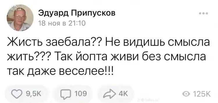 Эдуард Припусков 18 ноя в 21:10 Жисть заебала?? He видишь смысла жить??? Так иопта живи без смысла так даже веселее!!! 45 109