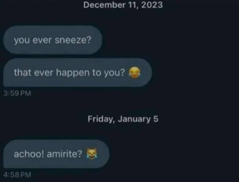 December 11, 2023 you ever sneeze? that ever happen to you? Friday, January 5 achoo! amirite?