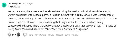 umbrellaguns 22 ago Hola: Beach Some time ago, there was a Twitter thread featuring the weebs on both sides of the war (a Ukrainian soldier with a Itachi patch, a Russian helmet with a NERV logo); it 