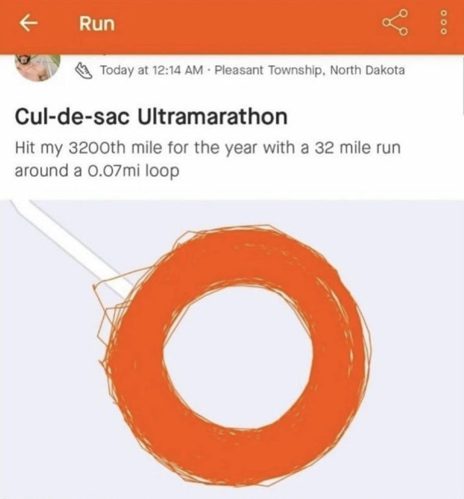 Today at 12:14 Pleasant Township, North Dakota Cul-de-sac Ultramarathon Hit my mile for the year with a 32 mile run around a loop