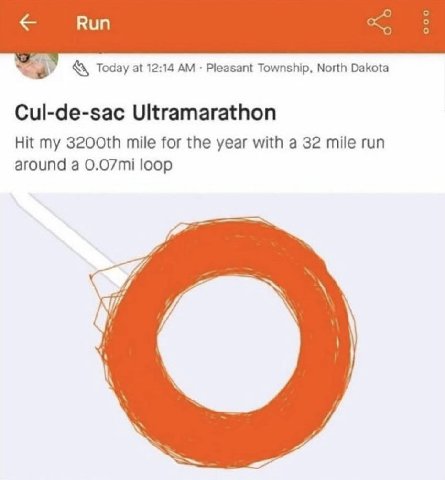 Today at 12:14 Pleasant Township, North Dakota Cul-de-sac Ultramarathon Hit my mile for the year with a 32 mile run around a loop