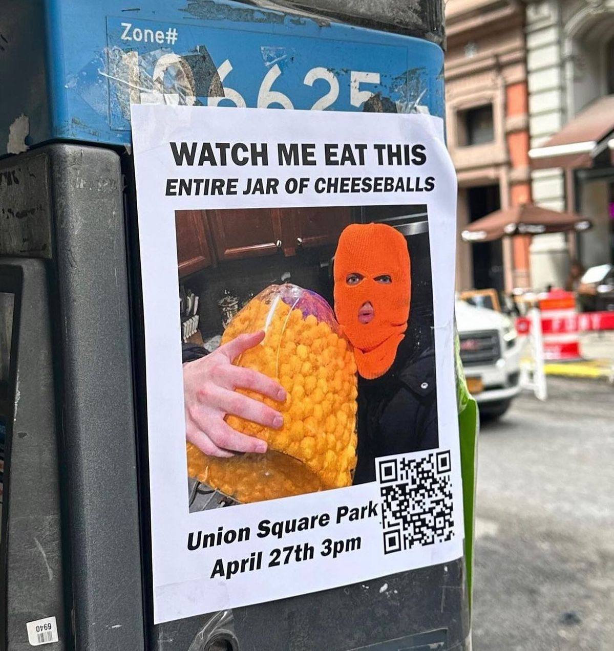 опе# 27 1 WATCH EAT THIS ENTIRE JAR OF CHEESEBALLS я ily uare union April 2