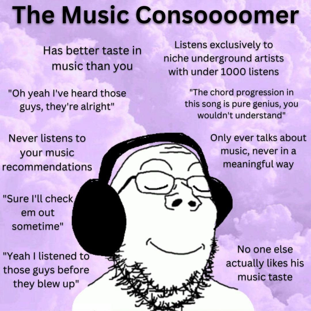 The Music Consoooomer Listens exclusively to Has better taste in niche underground artists music than you with under 1000 listens yeah I've heard those "The chord progression in guys, they're alright"