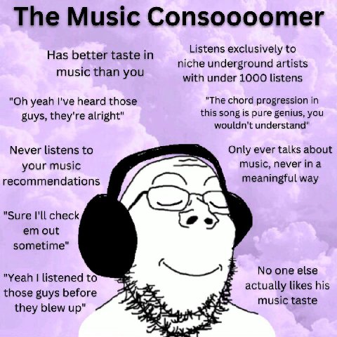 The Music Consoooomer Listens exclusively to Has better taste in niche underground artists music than you with under 1000 listens yeah I've heard those "The chord progression in guys, they're alright"