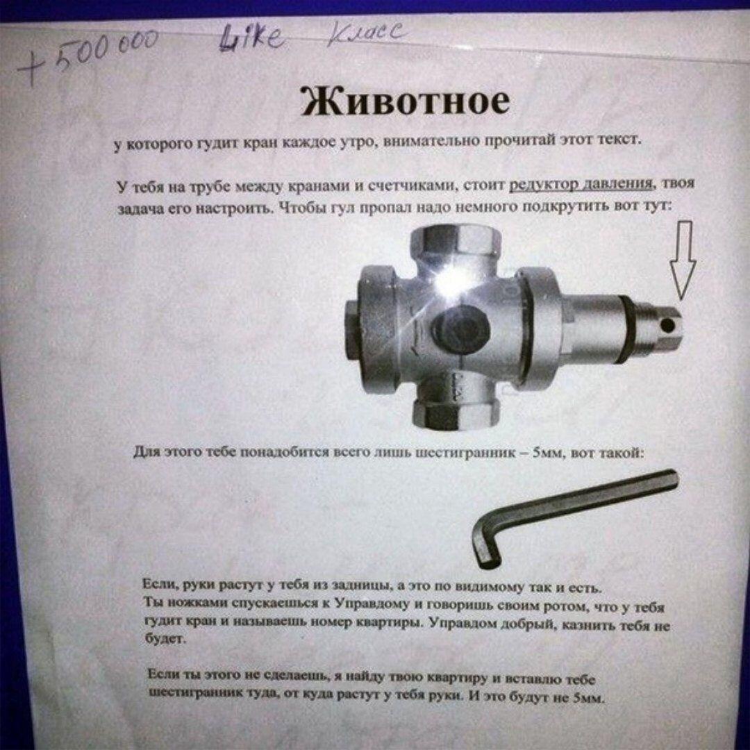 Животное у которого гудит кран каждое утро, внимательно прочи тай этот текст. У тебя на трубе между кранами и счетчиками, стоит редуктор давления, твоя задача его настроить. Чтобы гул пропал надо немн